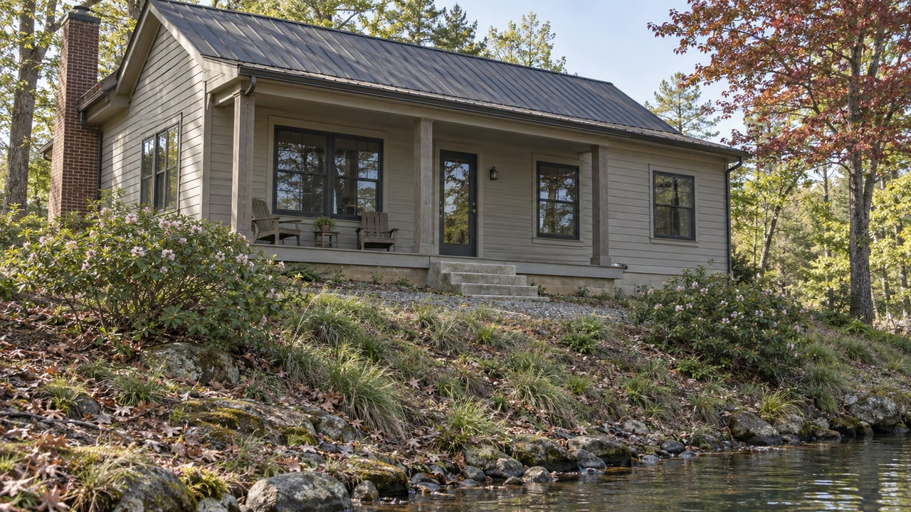 Weathered cottage and covered porch above a planted slope, with water at the lower edge.