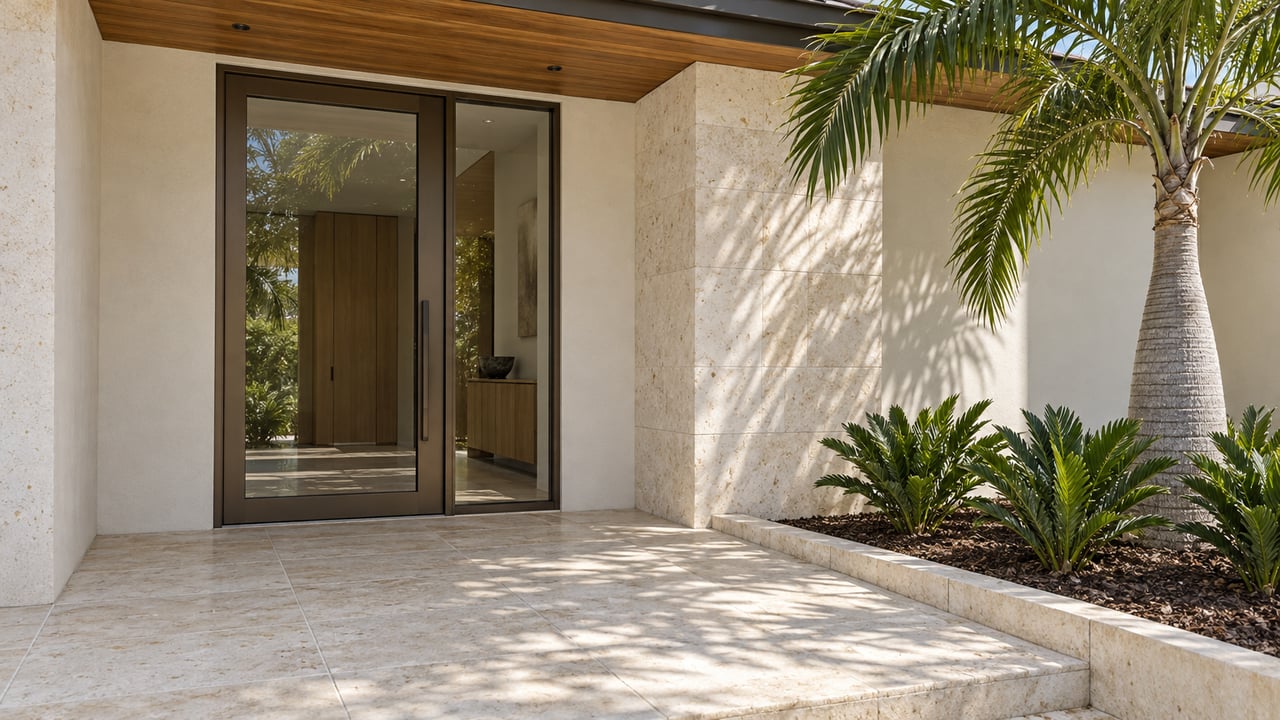 Sunlit limestone and warm-white stucco entry courtyard with a bronze-framed glass door and a sculptural palm.