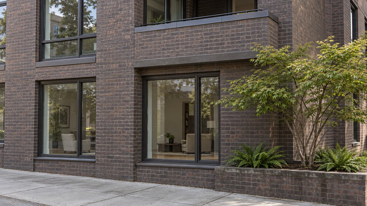 Brick apartment facade with dark-framed windows, an inset balcony, and a raised planter holding a small tree.