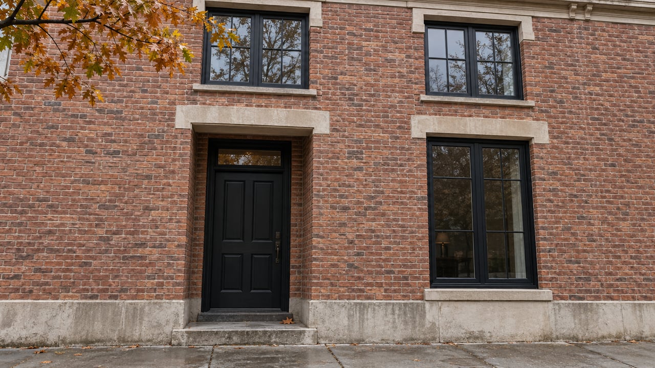 Reddish-brown brick duplex with a recessed black door, tall window, and sparse copper-yellow oak leaves.