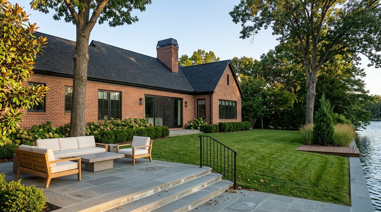 Brick coastal home with gables overlooks a lawn, bluestone terrace, calm water, and a small wooden pier.