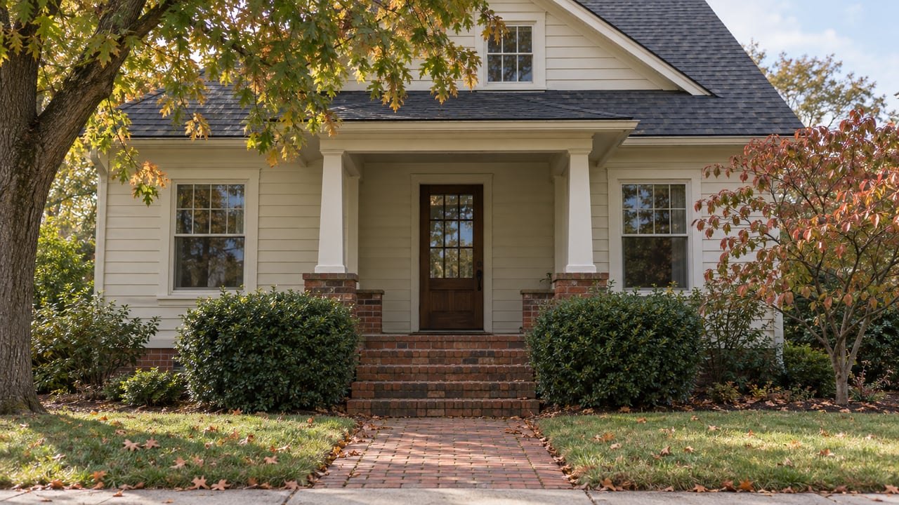 Cream-sided brick home with a recessed porch, brick walkway, clipped shrubs, and early copper leaves on a dogwood.