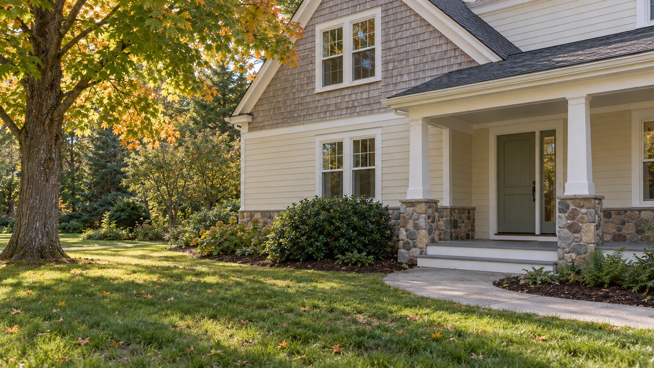 Two-story home with a covered entry, fieldstone foundation, curved walk, and mature maple beside a deep lawn.