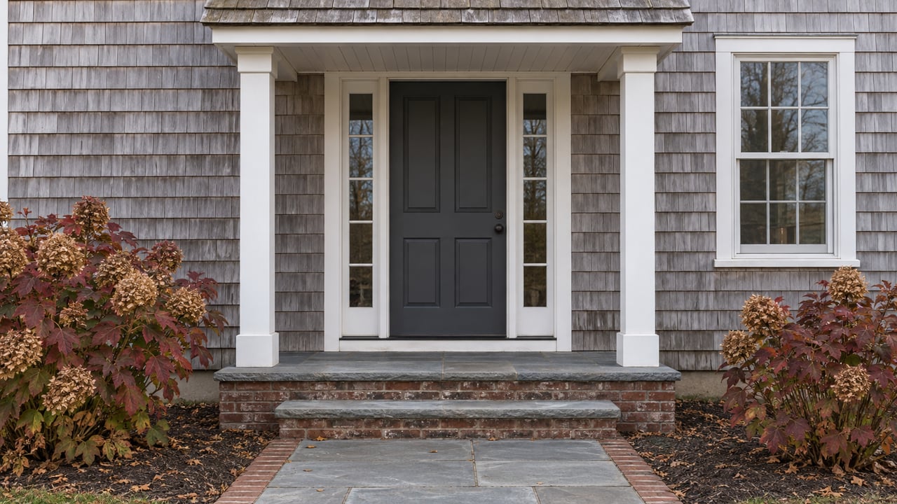 Weathered cedar-shingle home entry with white trim, a charcoal door, bluestone steps and oakleaf hydrangeas in autumn color.
