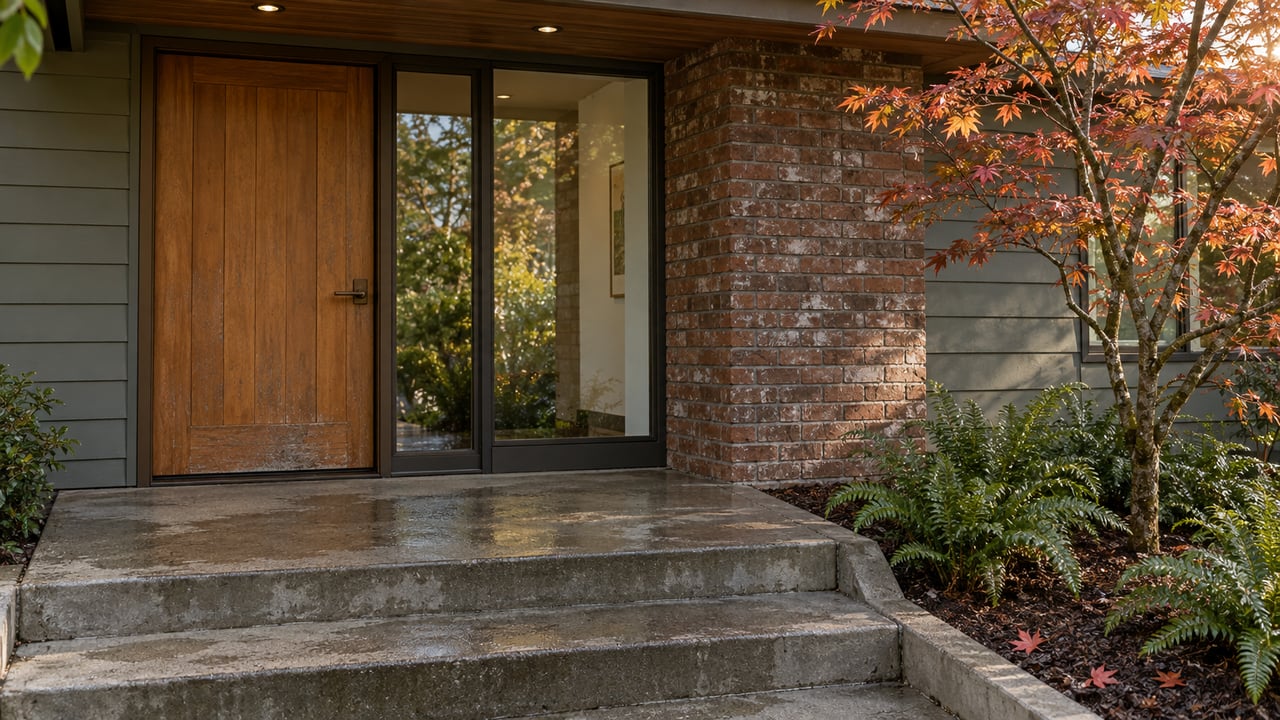 A sheltered cedar entry with brick pier, damp concrete steps and a copper-leaved vine maple beside sword ferns.