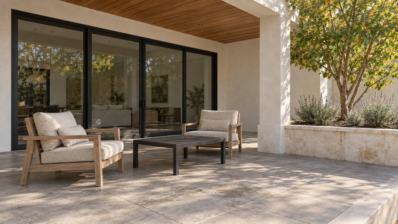 Sunlit covered terrace with cedar soffit, black-framed glass doors, teak lounge chairs and a raised stone planter.