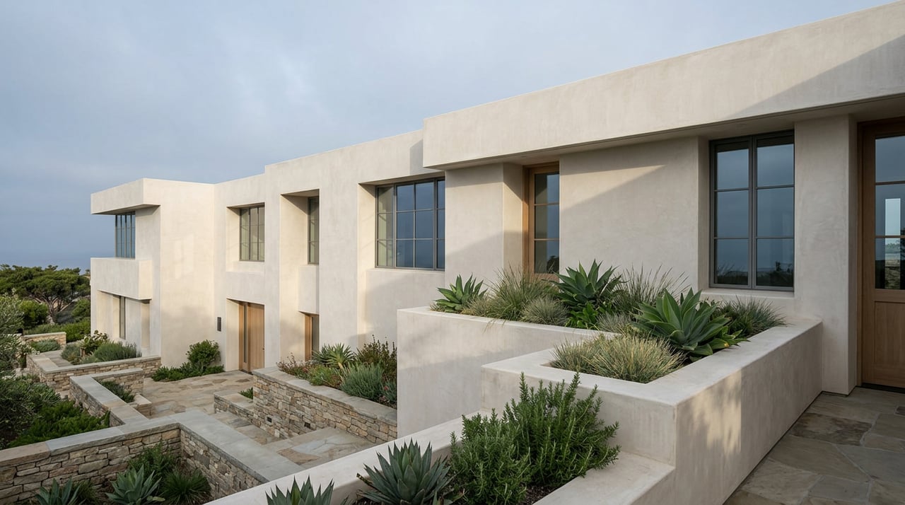 Pale stucco residence with an arched entry above a terraced limestone-paved courtyard and concrete retaining wall.