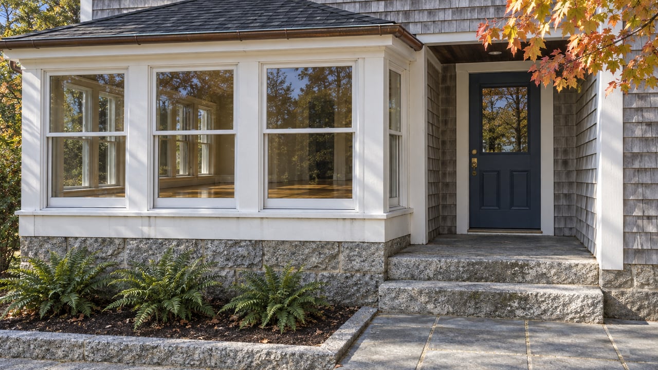 Weathered cedar-shingle home with white-trimmed porch windows, a slate-blue entry door, granite steps, and autumn leaves.