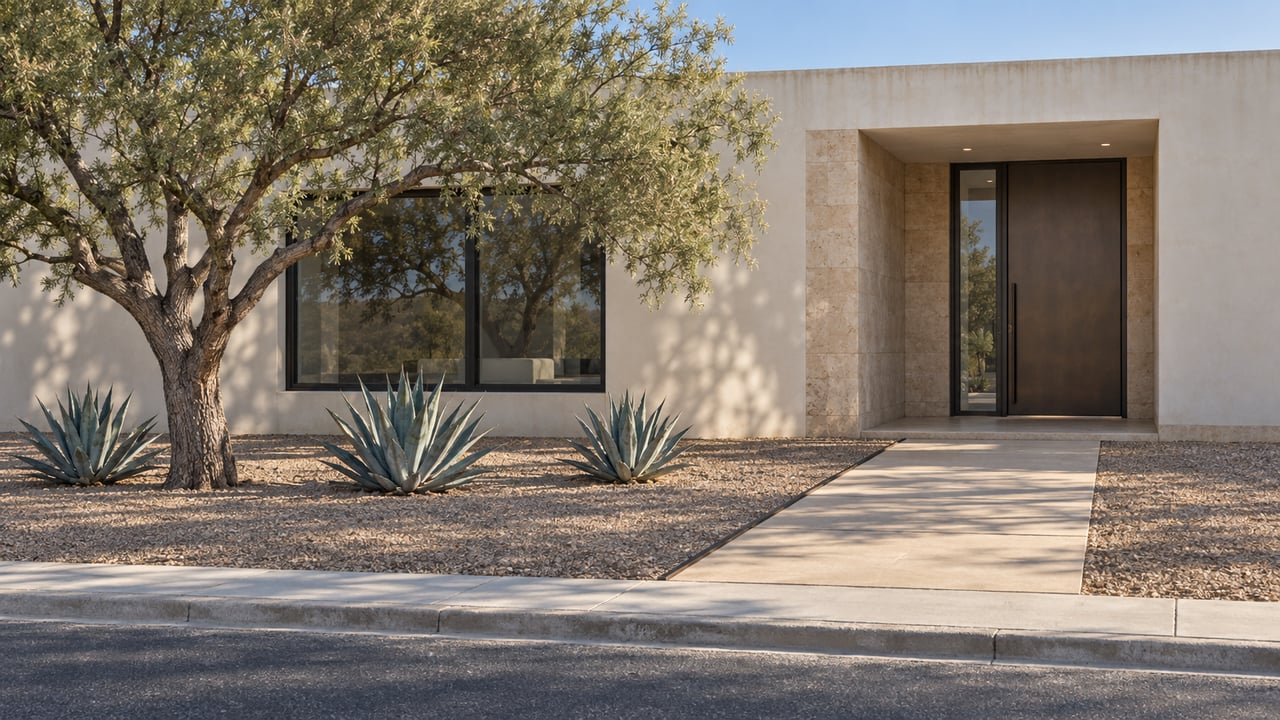 Single-story modern home with an offset walkway, a desert tree, and three agaves in its forecourt.