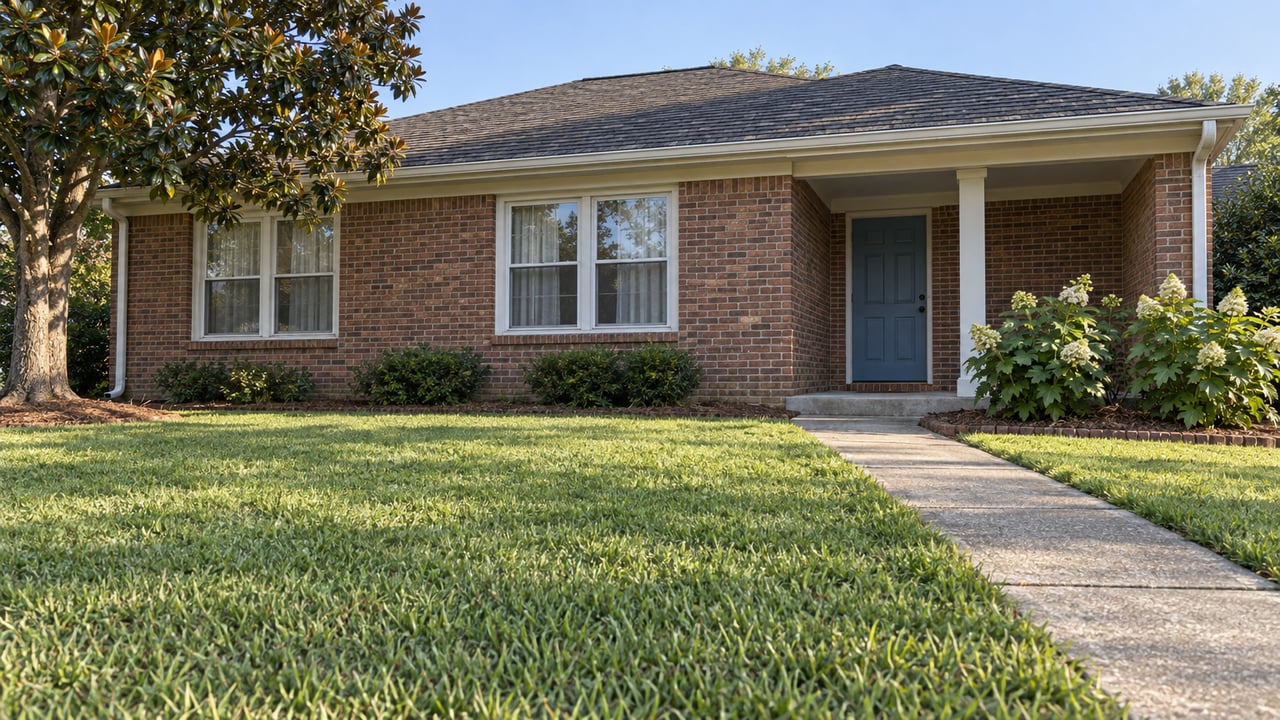 A modest red-brick ranch with white-framed windows, a covered blue-door entry, and a broad green lawn in morning light.