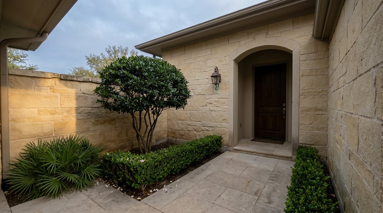 Compact limestone entry courtyard with an arched dark wood door, clipped hedge, mountain laurel, and low stone wall.