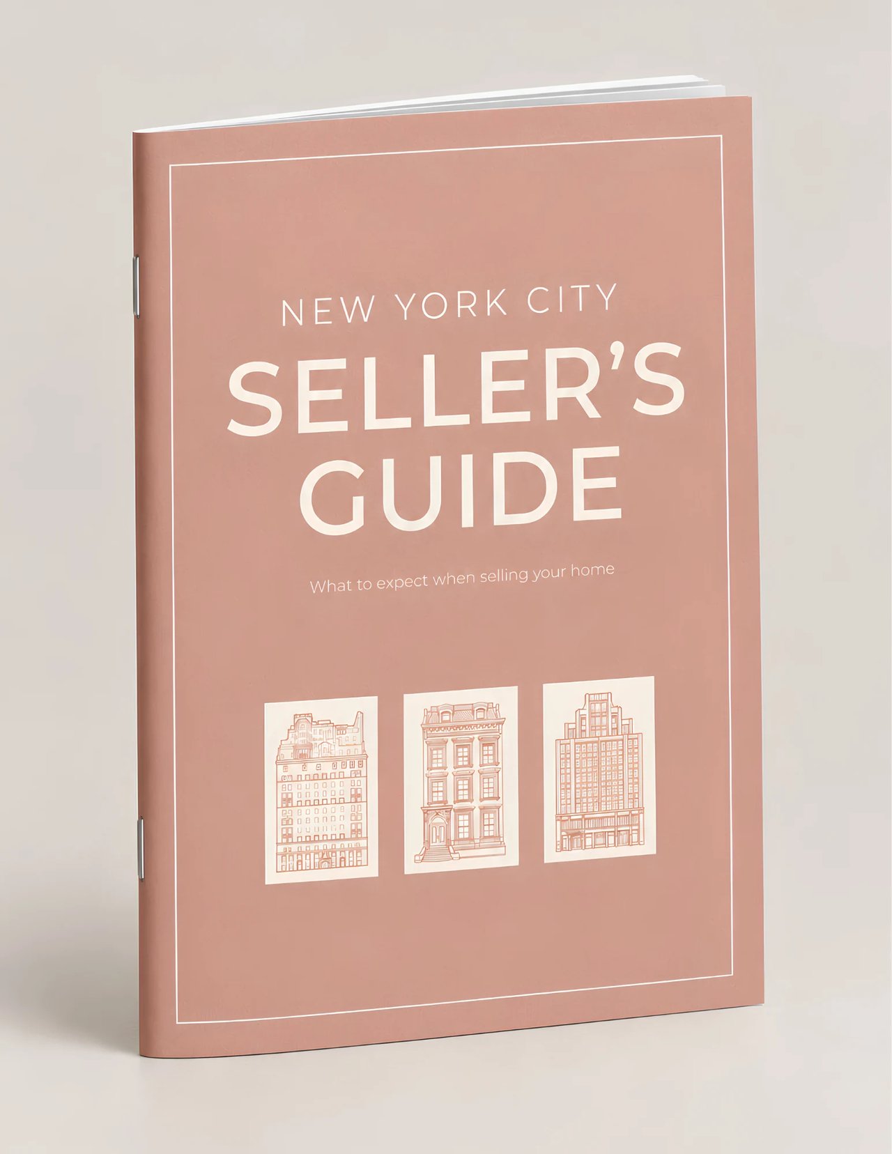 New York City Seller’s Guide cover showing three Manhattan and Brooklyn property types.