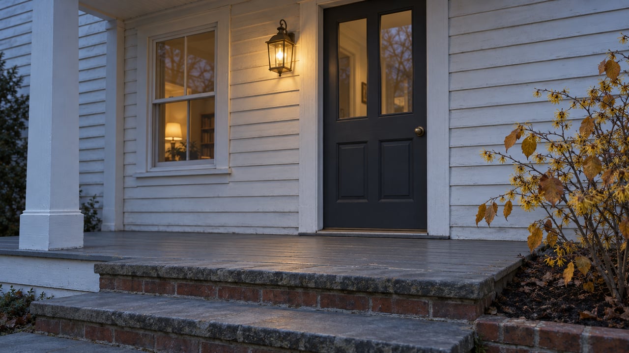 White clapboard entrance with a charcoal door, brass lantern, and weathered bluestone steps beside autumn witch hazel.