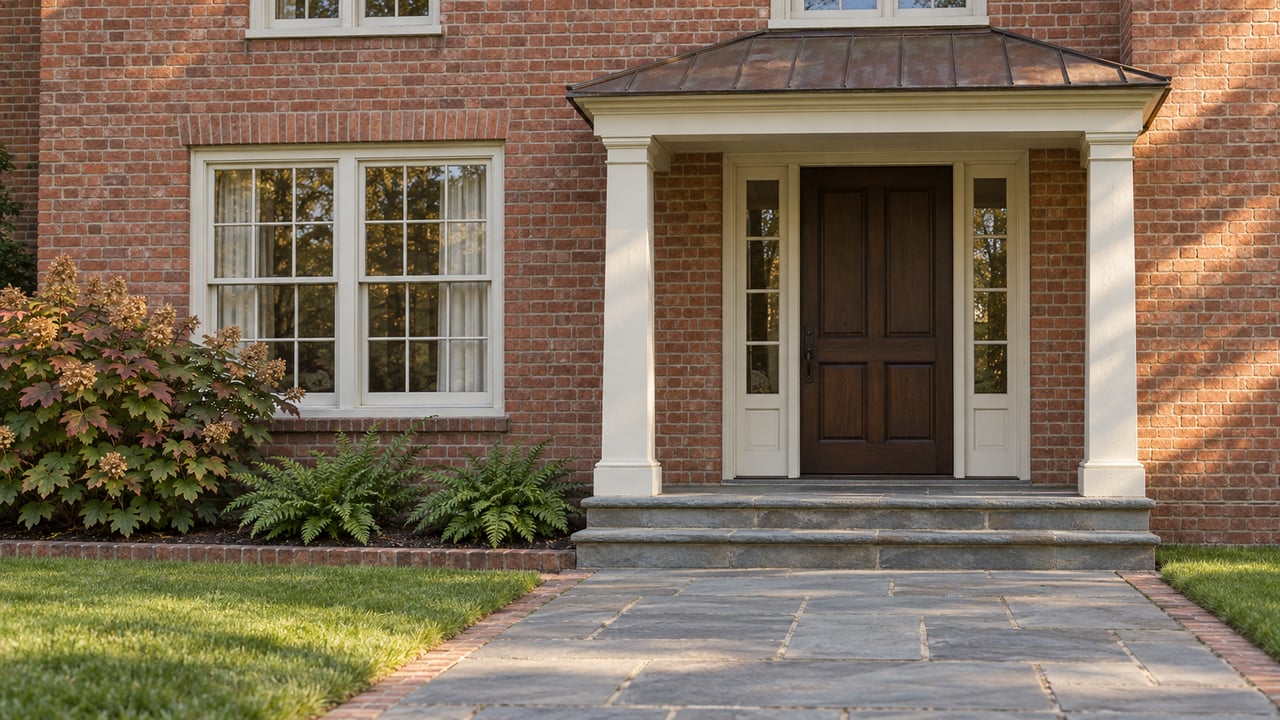 Brick house entry with an aged copper porch roof, bluestone steps, multi-pane window and oakleaf hydrangea in autumn.