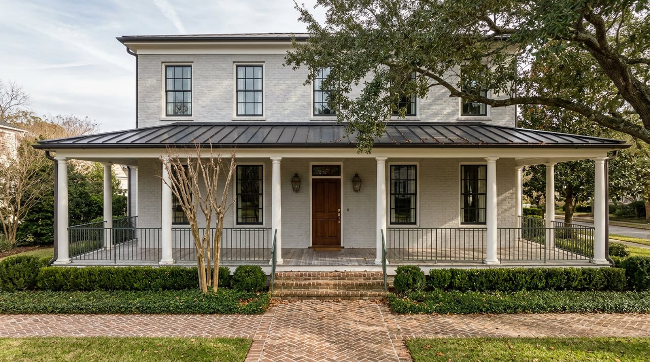 Two-story gray brick home with a deep white-columned porch, black roof, and oak-shaded herringbone walkway.
