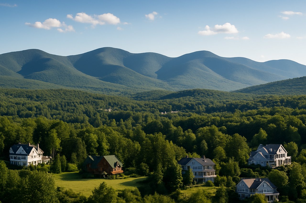 Panoramic view of the Catskill Mountains New York showcasing luxury homes and vacation estates the perfect setting for Eric Radecki’s Coldwell Banker Realty listings.