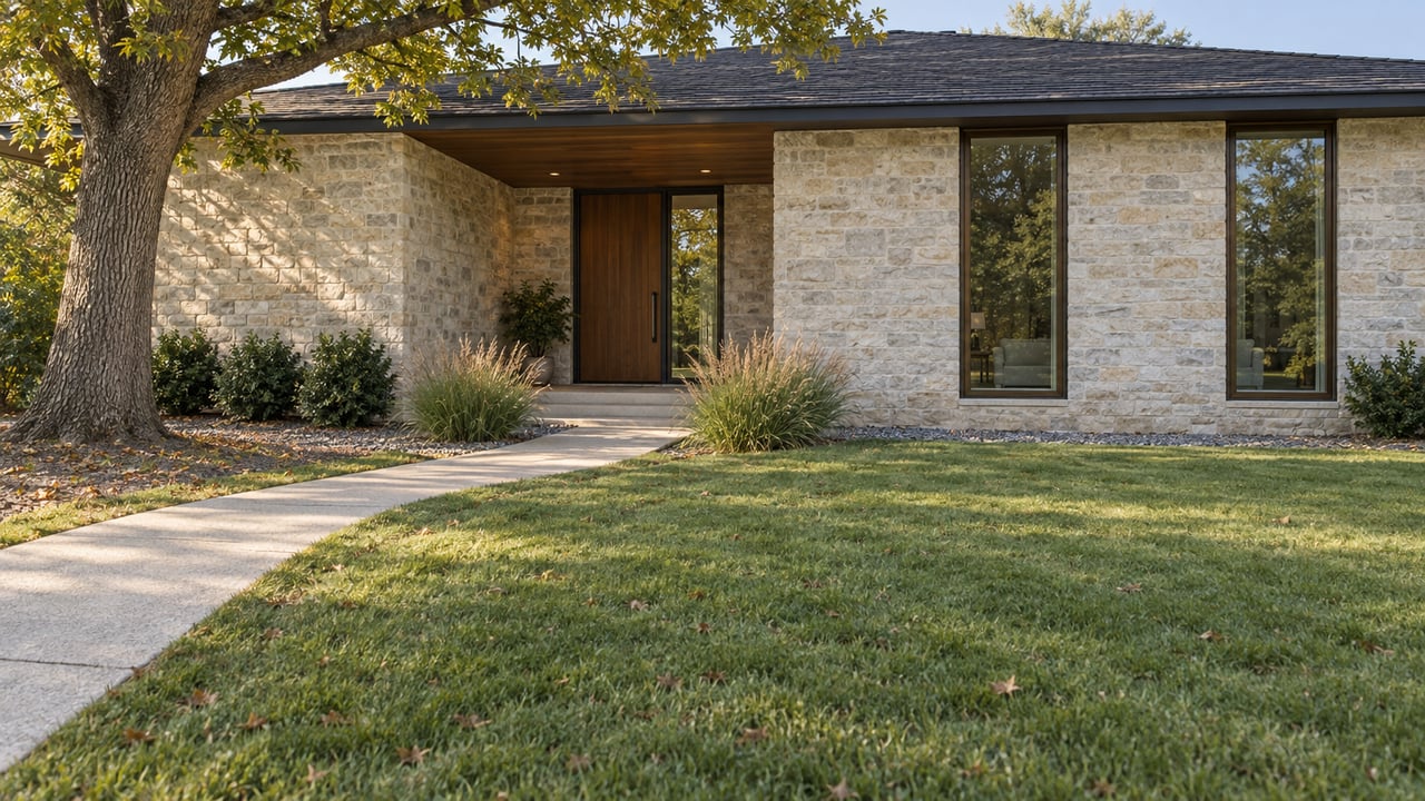 Pale limestone house with a recessed wood entry, bronze-framed windows, sloping lawn, and mature oak.