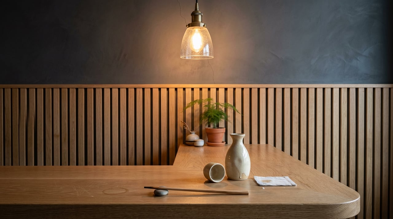 White oak bar counter with a ceramic sake flask, tipped cup, chopstick, and small potted fern beneath a brass pendant.