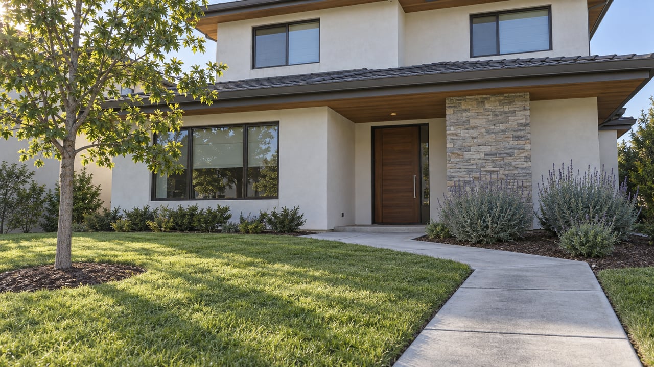 Contemporary two-story stucco home with a deep front lawn, concrete approach, stone entry pier and a young valley oak.