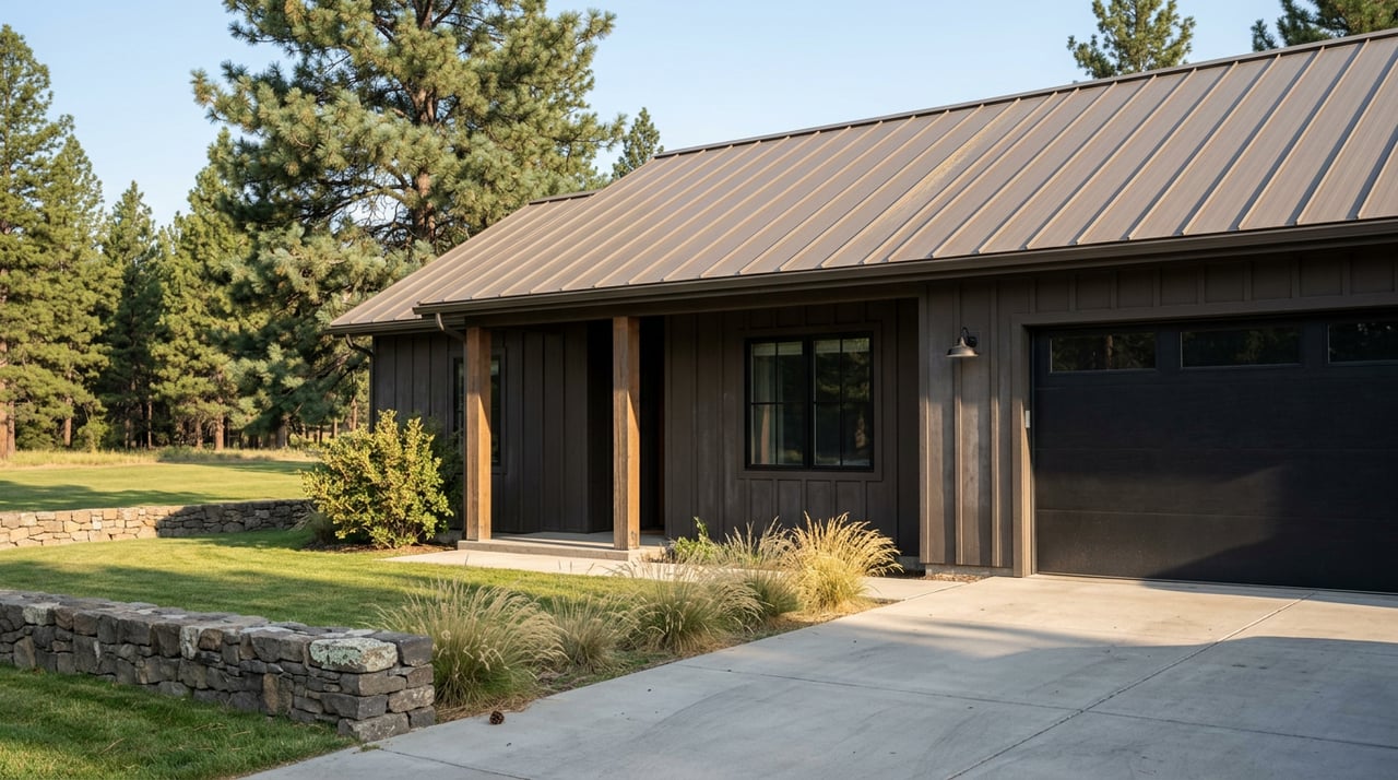 Charcoal board-and-batten ranch home with a metal roof, concrete driveway, and pine trees beyond a low stone wall.