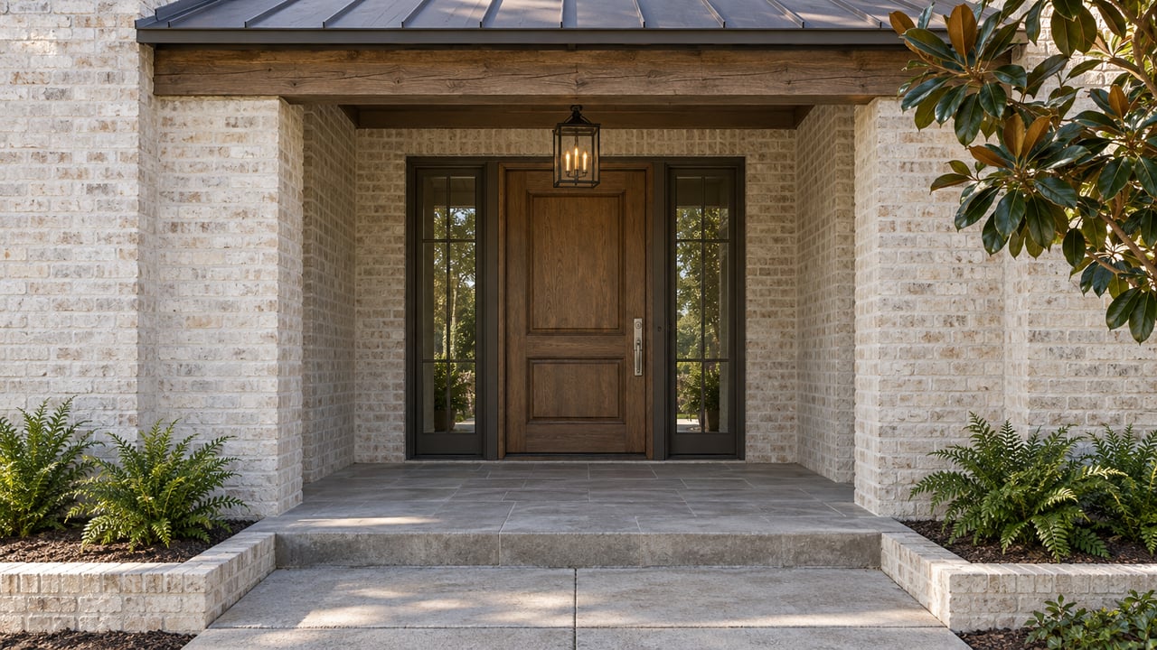 Limewashed brick home entrance with a stained oak door, matching glazed sidelights, limestone steps and magnolia foliage.