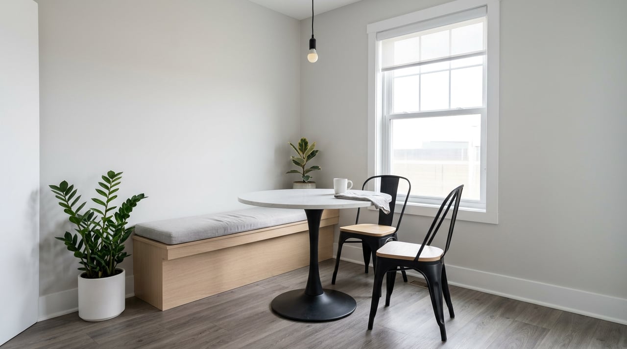 Breakfast nook with a pale-oak banquette, round white table, black chairs, and a tall shaded window.