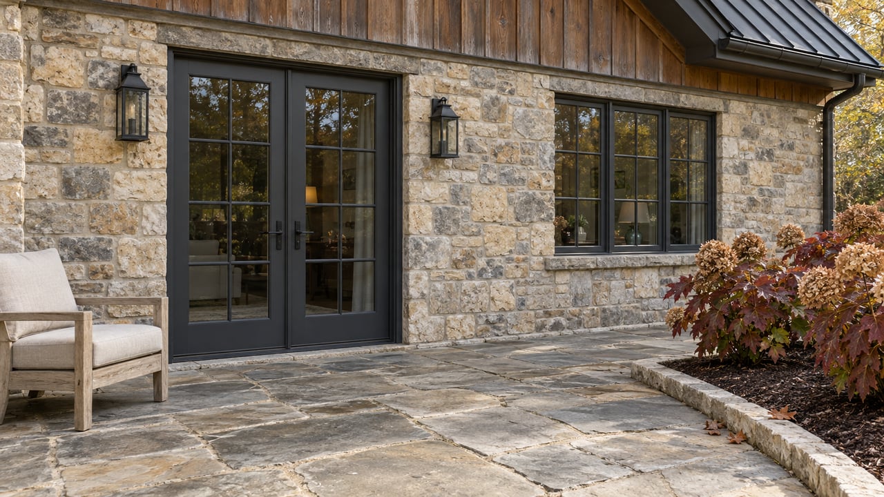 Limestone terrace beside a timber-and-stone house, with closed French doors, a teak chair, and burgundy oakleaf hydrangeas.