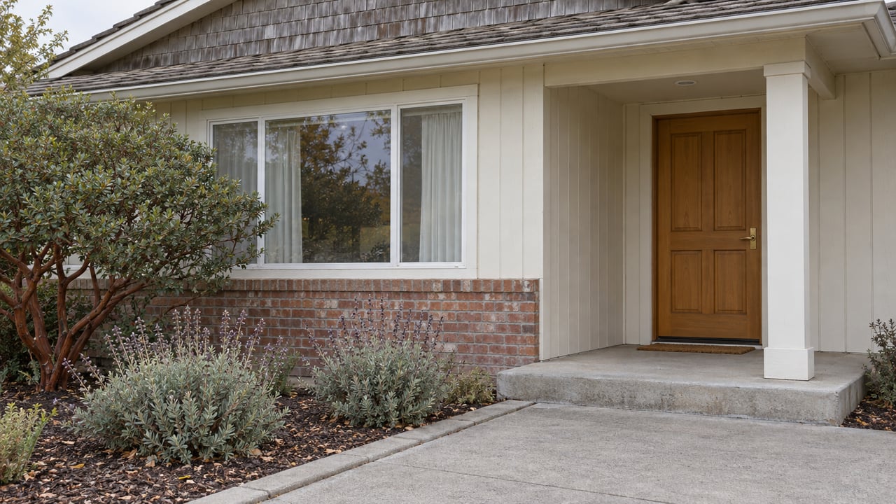 Cream-sided ranch entry with red-brick accents, a wood front door, and sculptural manzanita beside a concrete walk.