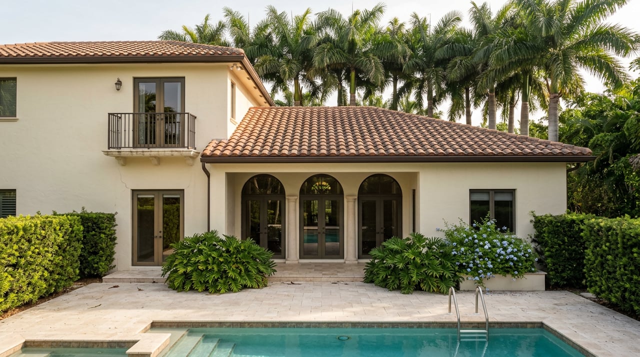 Raised view of a stucco home’s loggia and Juliet balcony above a turquoise pool, framed by royal palms.