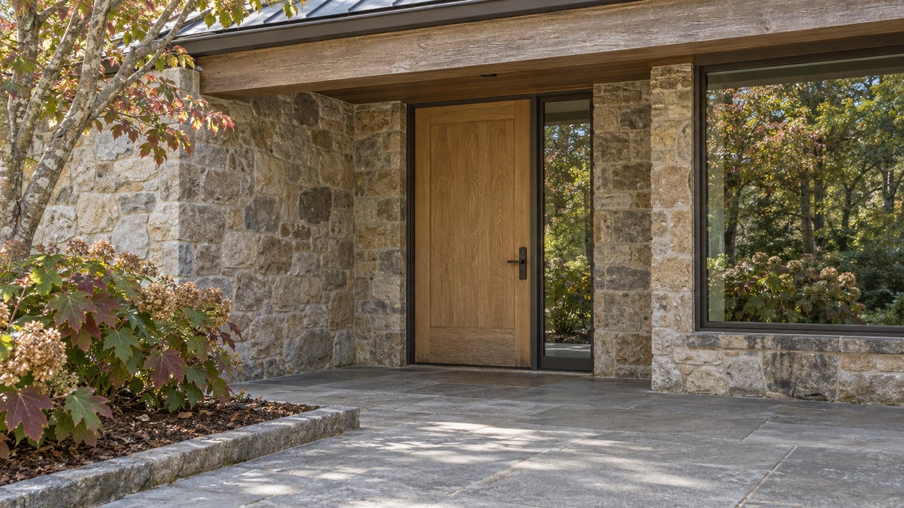 Covered custom-home entry with an oak door, fieldstone walls, bronze-framed glazing, and autumn oakleaf hydrangeas beside a stone landing.