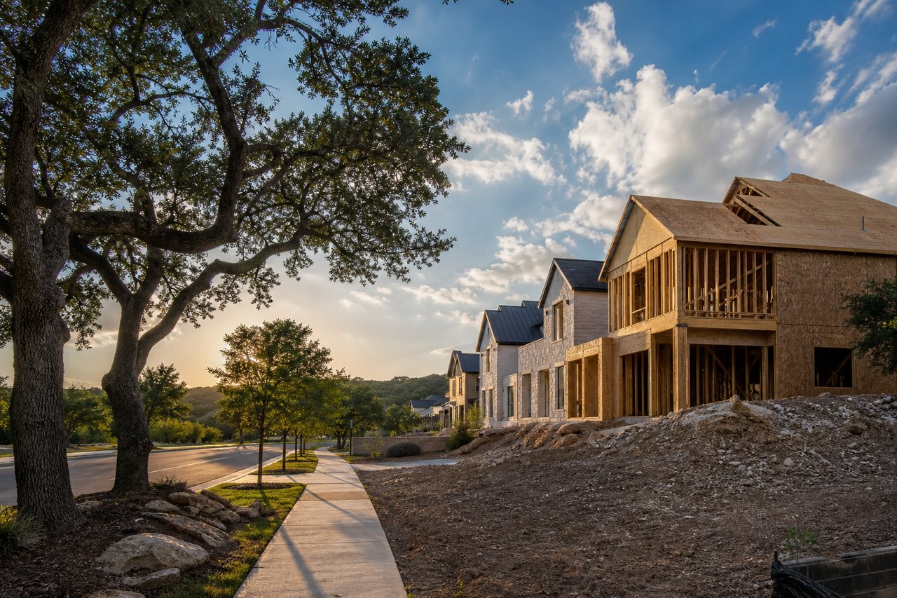 New homes under construction along a tree-lined sidewalk at golden hour.