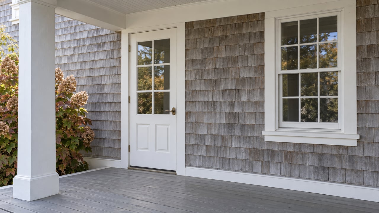 Weathered cedar shingles, white divided-light door and sash window on a covered porch with worn gray floorboards and autumn oakleaf hydrangea.