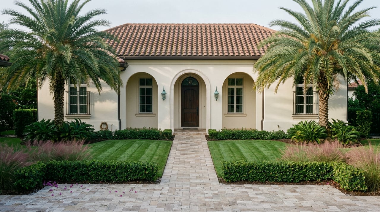 Two-story cream stucco home with a tile roof, arched entry, paired palms, lawn, and paver motor court.