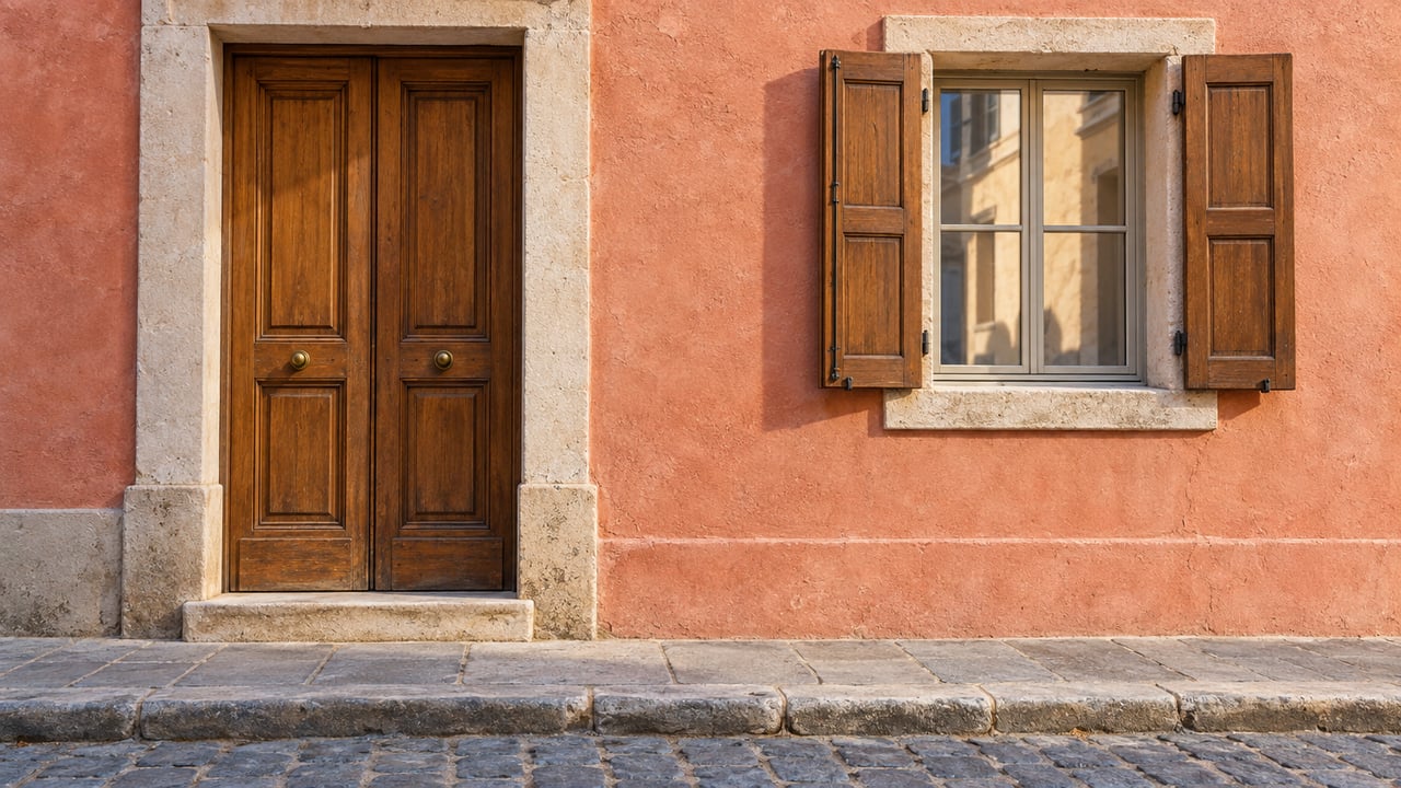 Salmon stucco facade with a carved wooden double door and a window with open shutters.