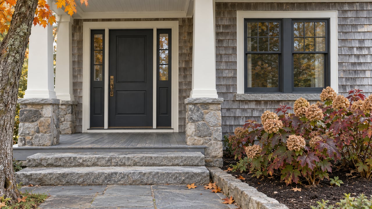 Autumn light on a cedar-shingled home's sheltered entry, granite steps and oakleaf hydrangeas with burgundy foliage.