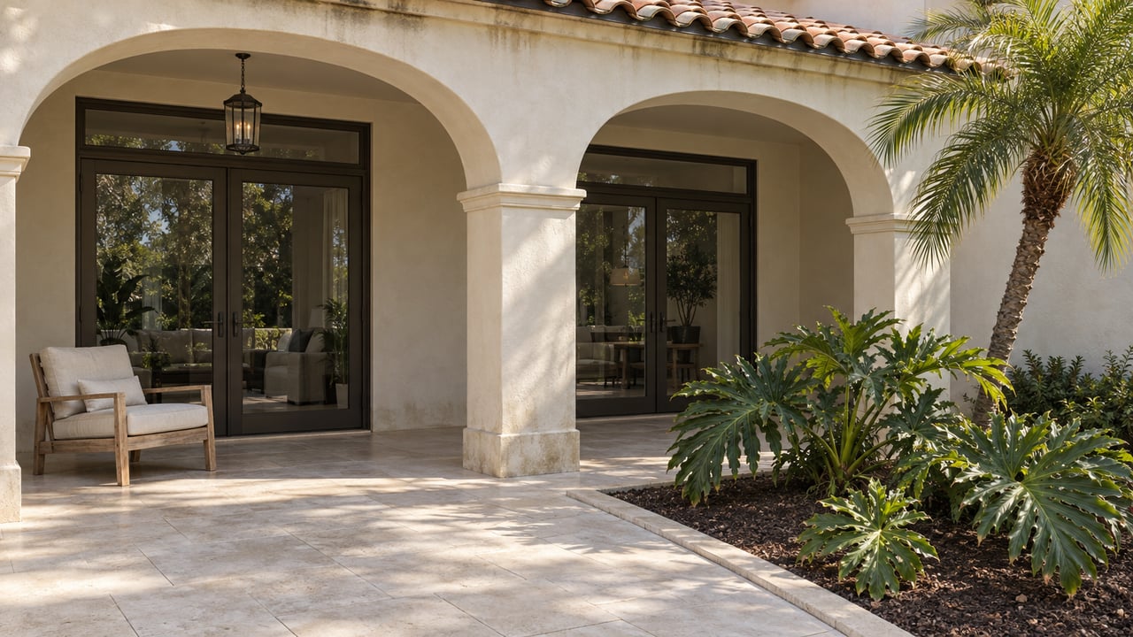 Two cream stucco arches frame closed dark-bronze glass doors above a pale limestone terrace, beside a curved palm and a planted bed.
