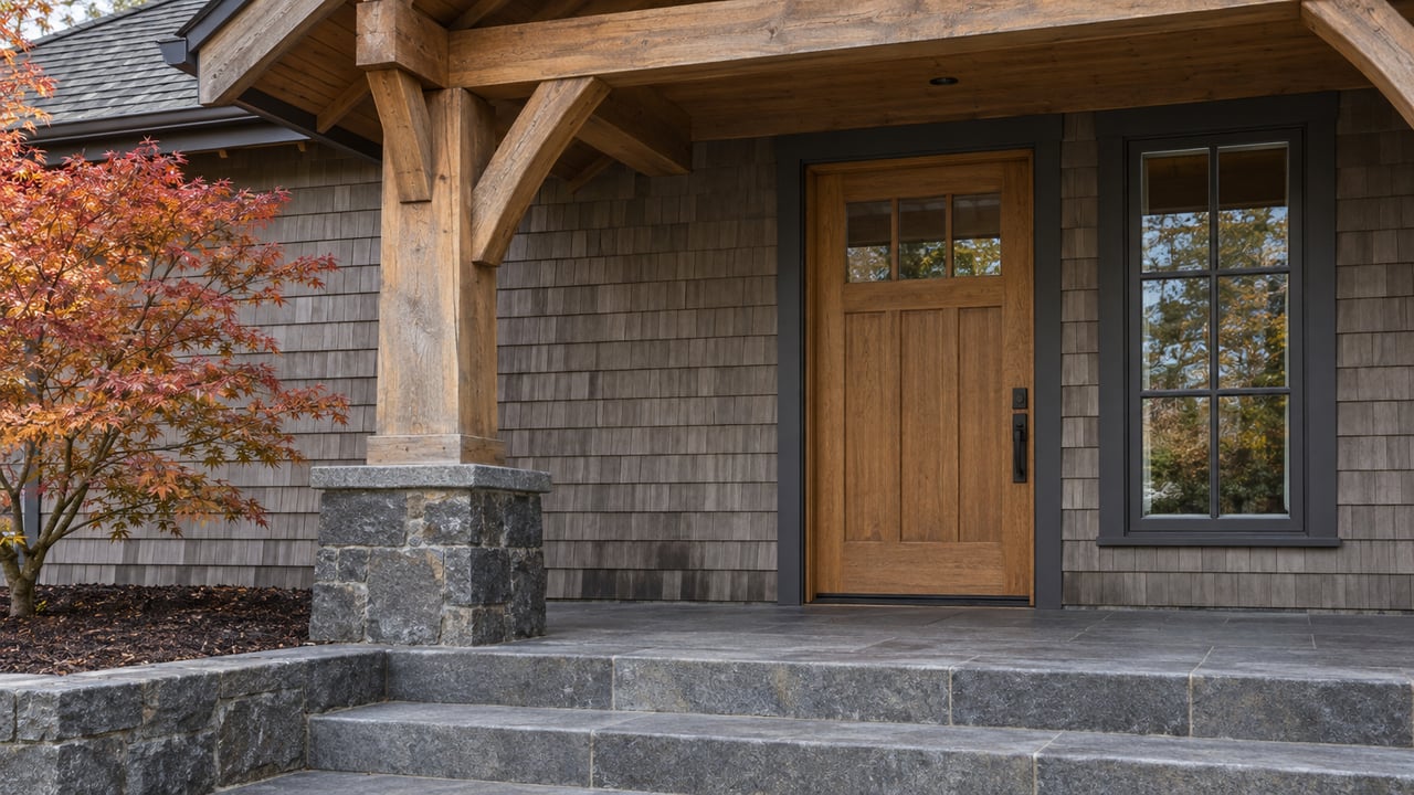 Timber-framed covered entry with cedar shingles, a closed oak door, basalt steps and autumn vine maple leaves.