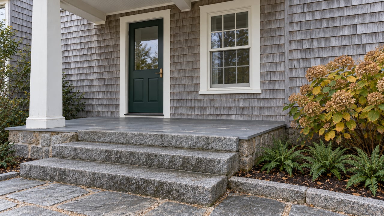 Weathered cedar shingles surround an evergreen front door and white-trimmed window above granite steps and a small autumn planting bed.