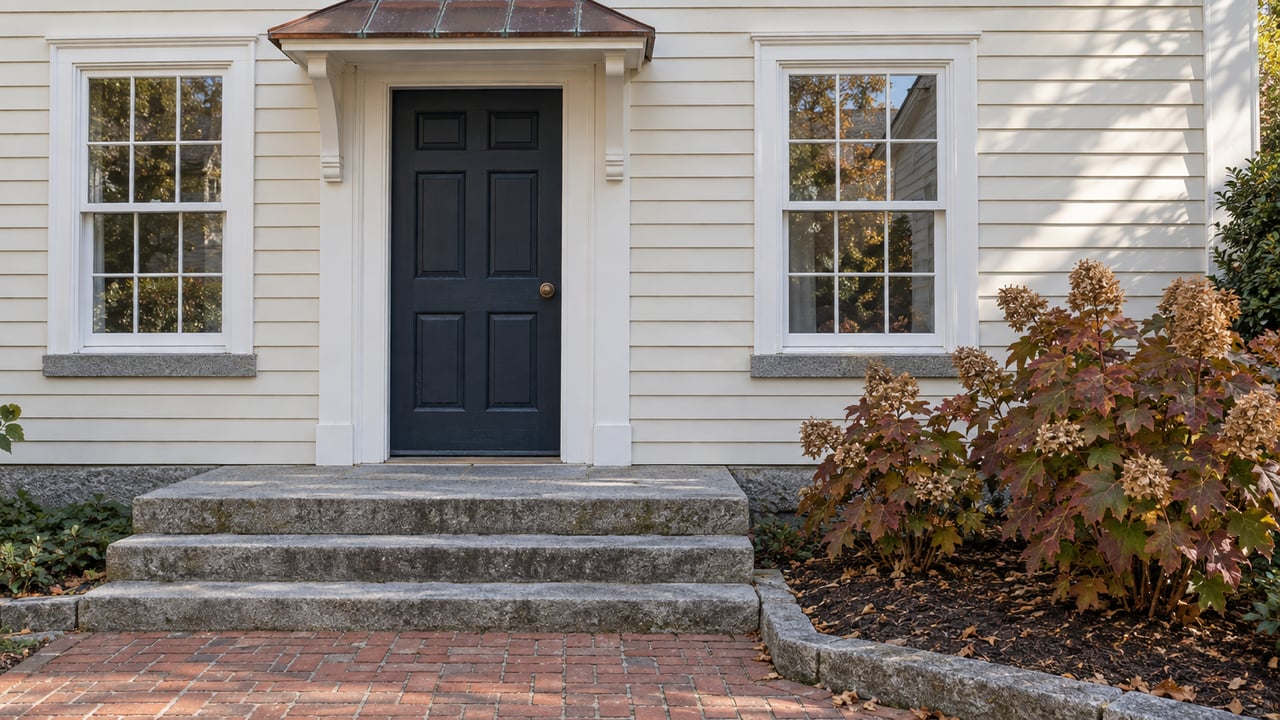 White clapboard house entrance with a black door, broad stone steps, brick walkway, and autumn shrubs.