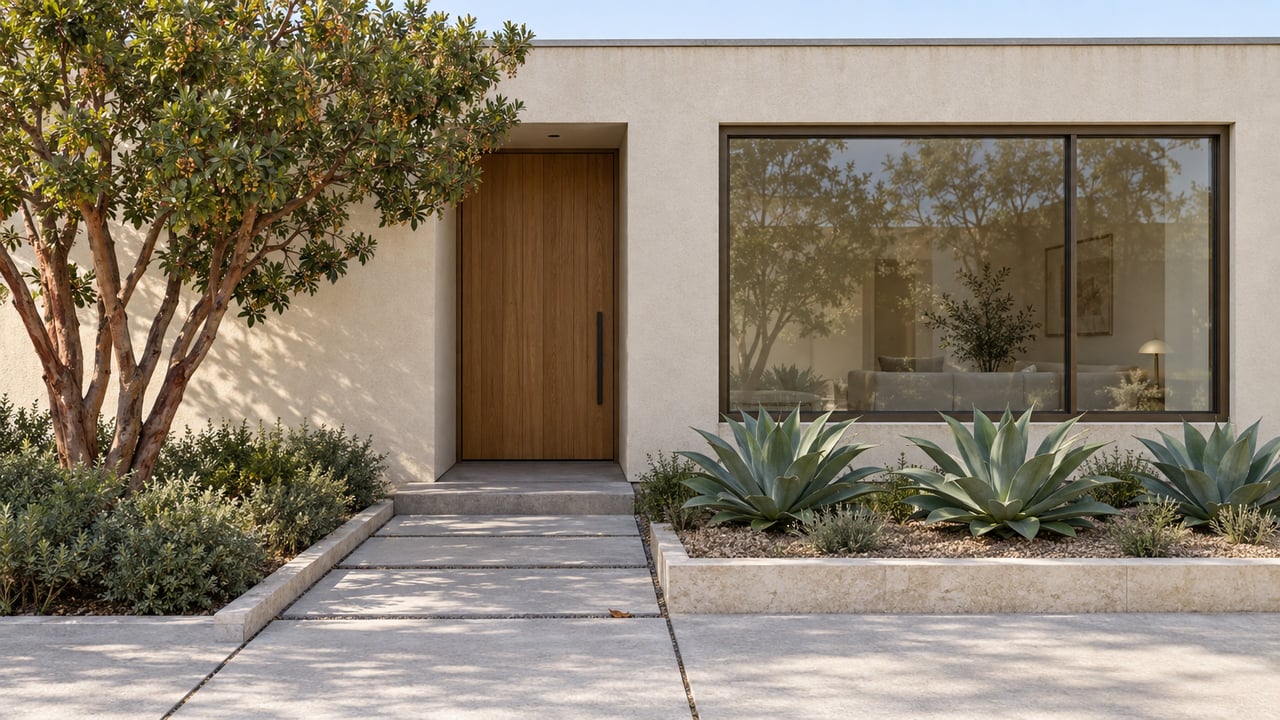 Cream-stucco home with recessed oak entry, bronze-framed window, concrete forecourt, and sculptural plants.