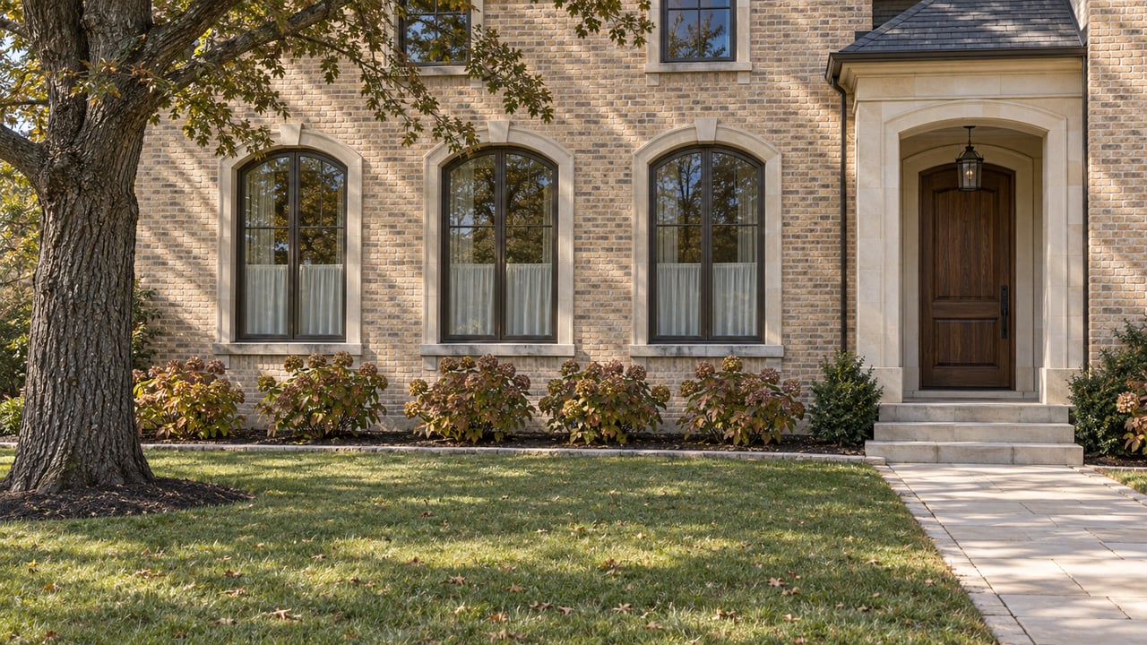 Buff brick home with tall arched windows, a recessed walnut entry, limestone walk and mature oak beside an autumn lawn.