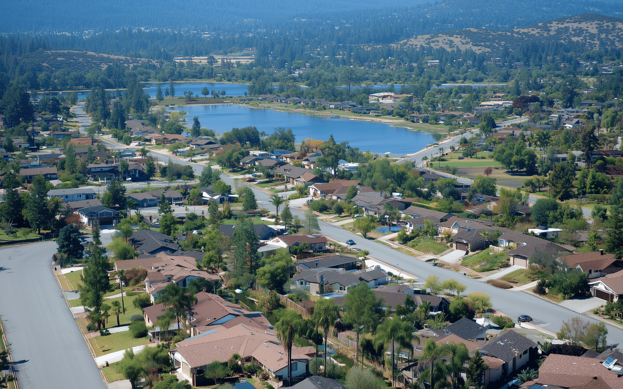 Aerial view of a lakeside neighborhood with homes, roads, and wooded hills.