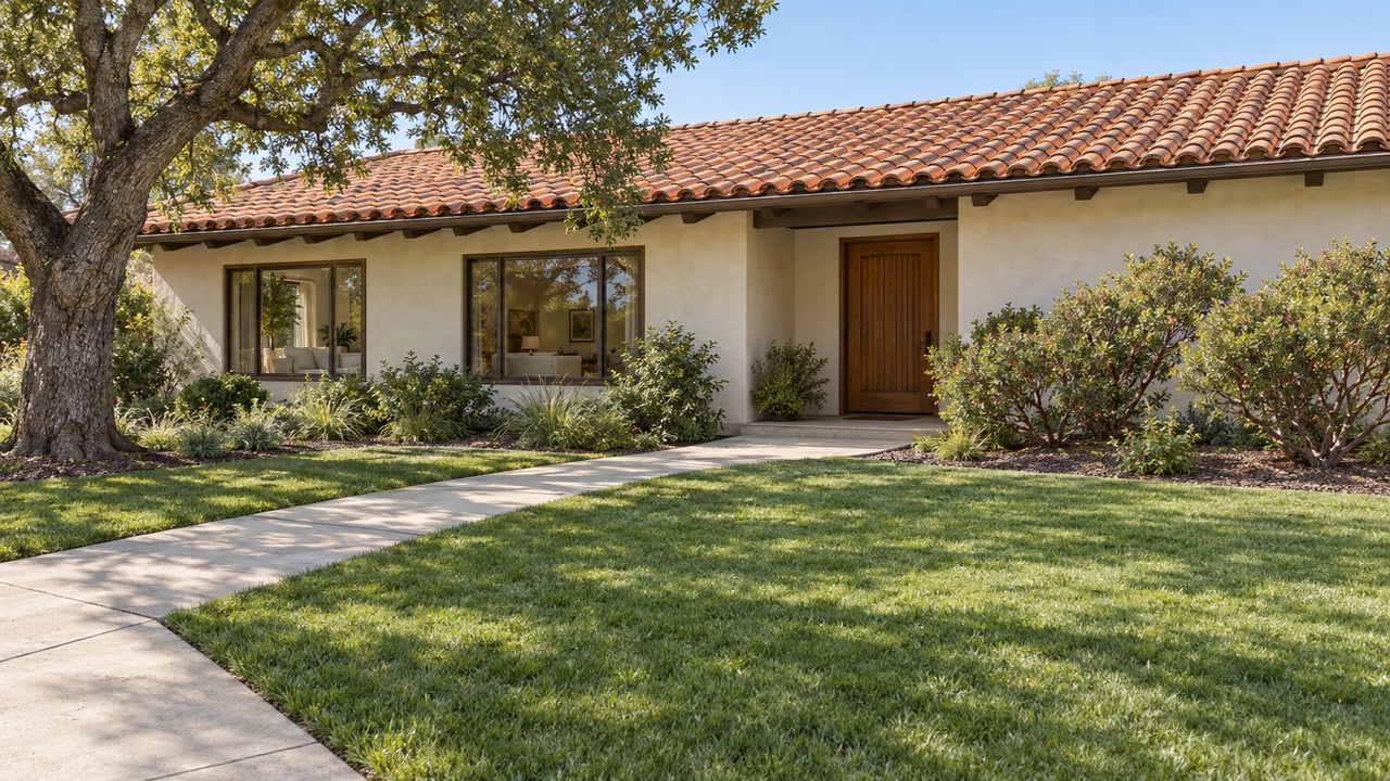 Single-story ivory stucco home with a clay tile roof, bronze-framed windows, and a deep front lawn shaded by a mature oak.