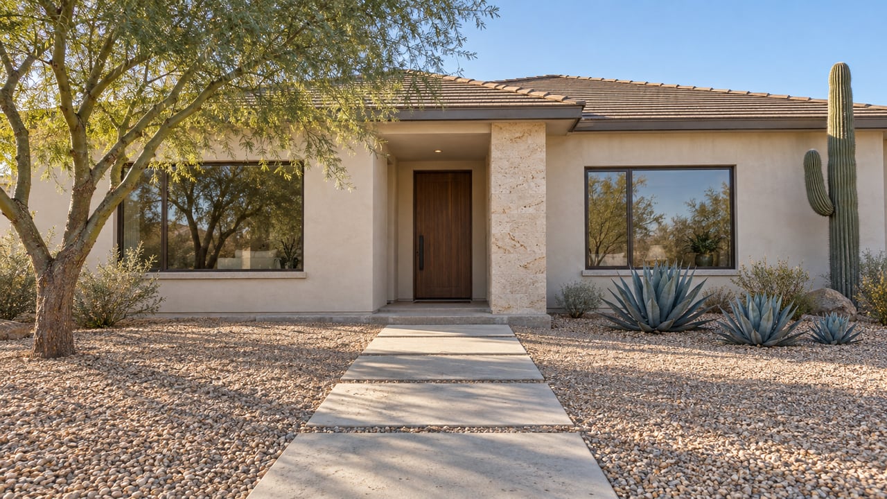 Single-story ivory stucco home with bronze-framed windows, a limestone entry pier and a deep gravel forecourt planted with a branching desert tree, saguaro and three agaves.