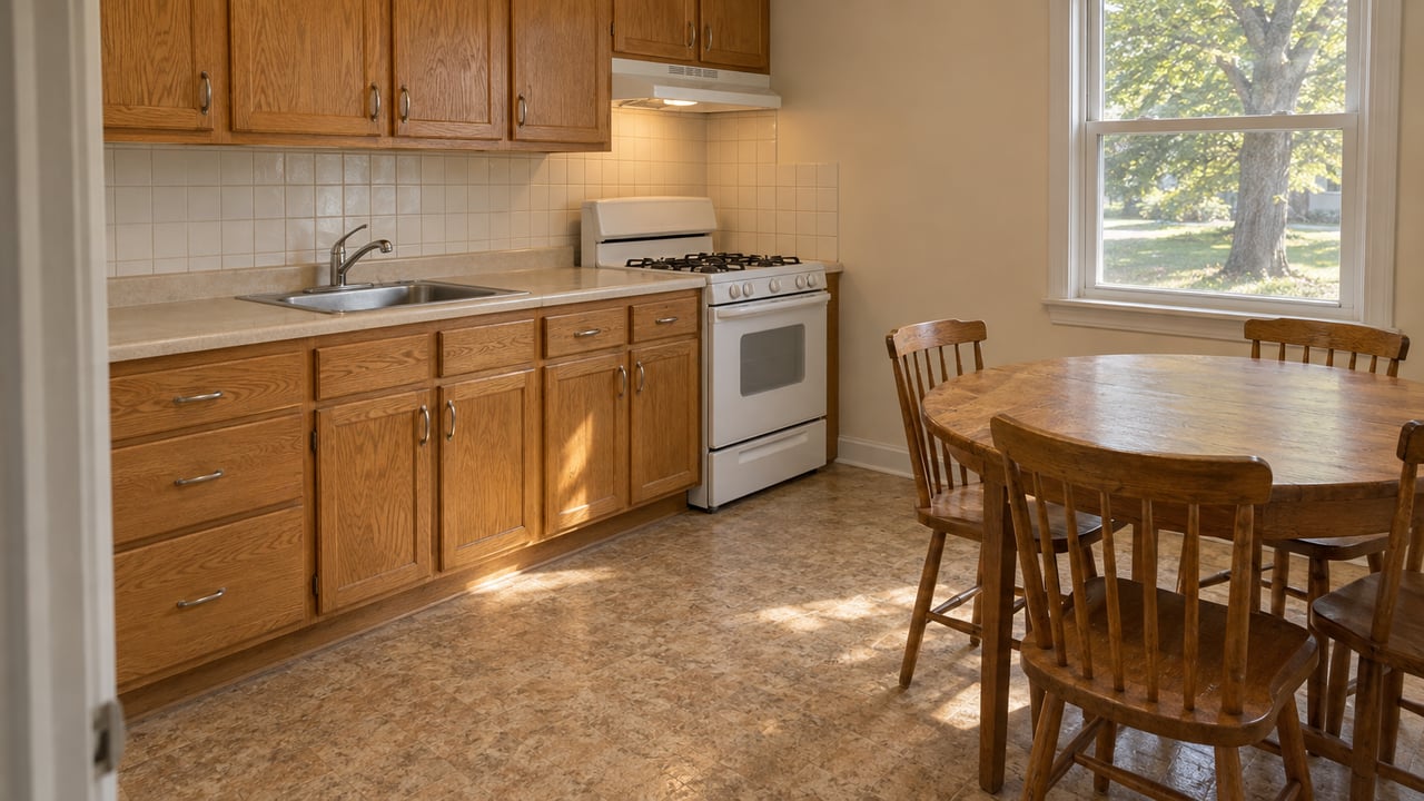Compact kitchen with honey-oak cabinets, white range, round wooden table, and a sunlit window overlooking a lawn.