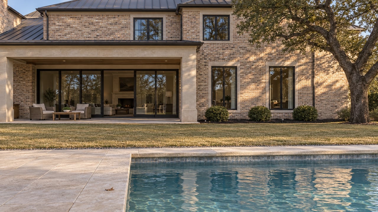 Brick-and-limestone home overlooking a stone pool terrace, with bronze-framed glass doors and a mature live oak.