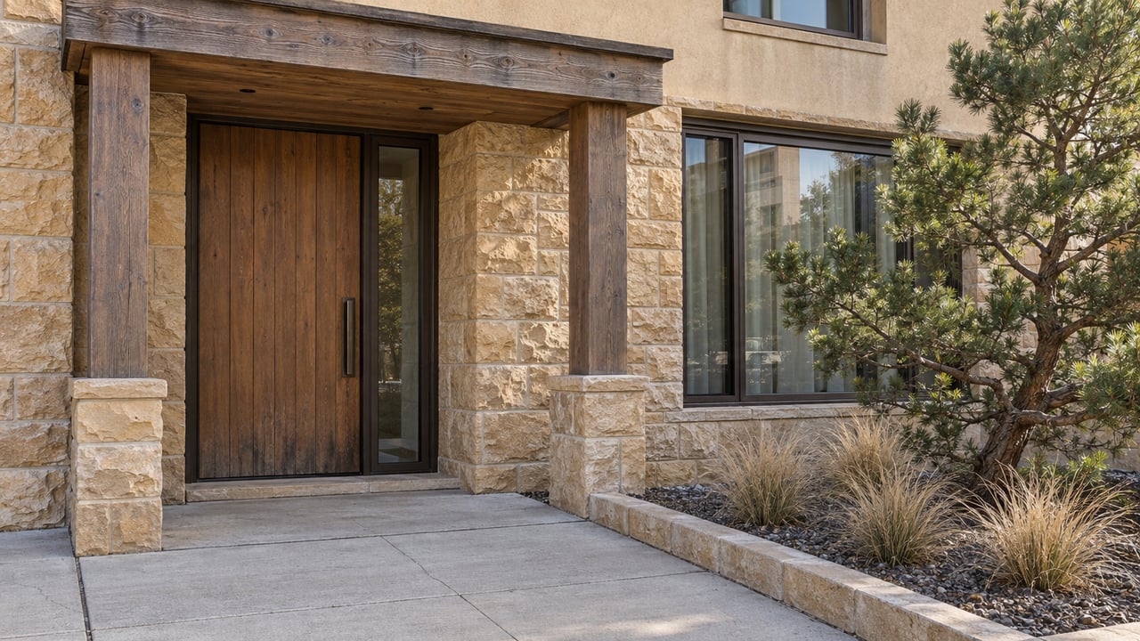 Stone and stucco residential entrance with a timber canopy, oak door and small planted forecourt.