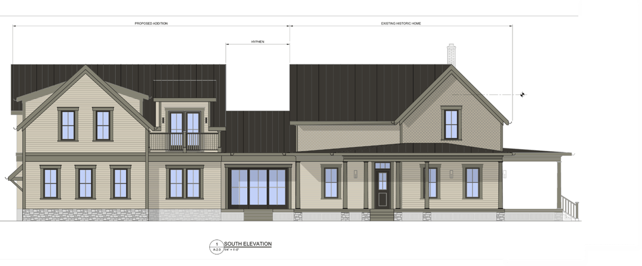 South elevation drawing showing a proposed addition to an existing historic home.