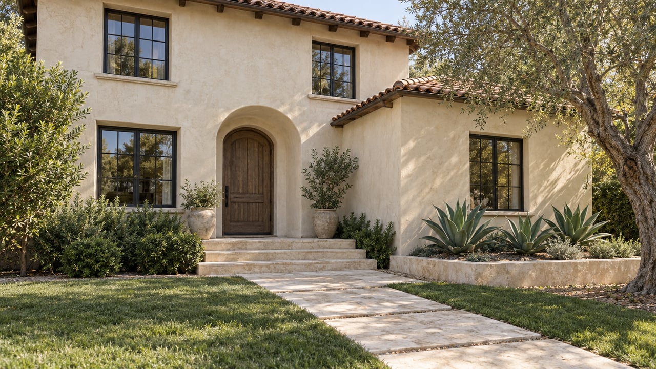 Ivory stucco home with terracotta roof, black-framed windows and an oak entry beyond a limestone walk, lawn and sculptural olive tree.