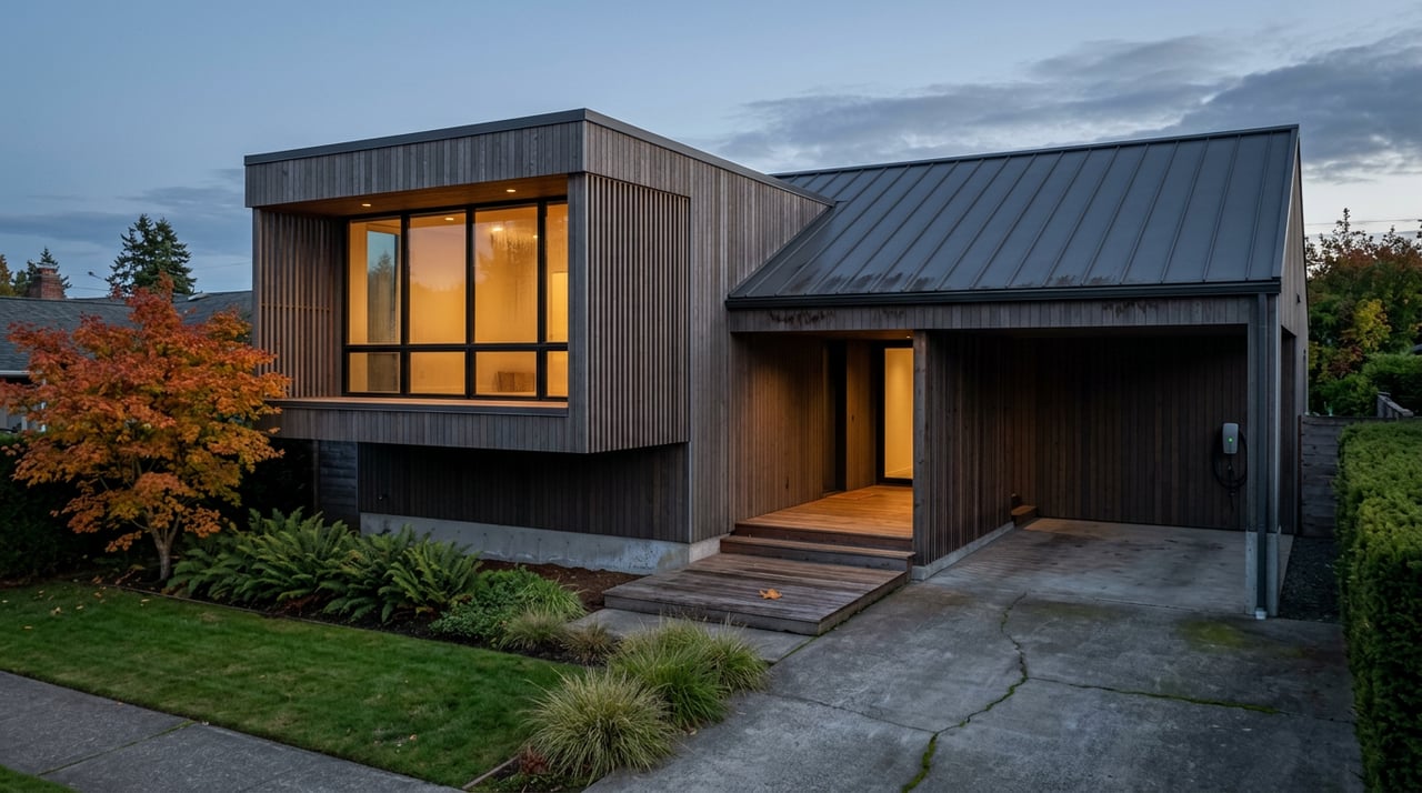 Two-story cedar-and-glass home glowing warmly at blue hour, with an autumn maple and attached carport.